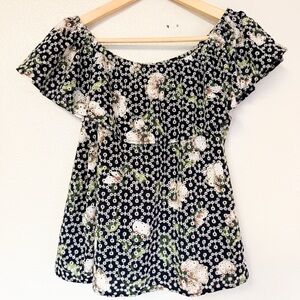 Entro Black Floral Off Shoulder Blouse | Boho Peasant Top Size M